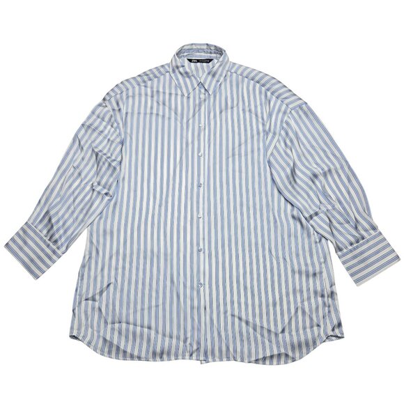 Zara Shirt Womens Small Blue White Striped Button Down 3/4 Sleeve Collared - Picture 1 of 11